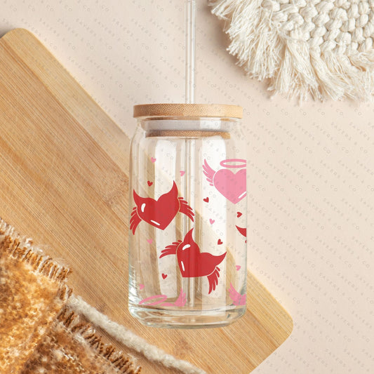 16oz Valentine's Day Angel and Devil Hearts Glass Cup with Bamboo Lid