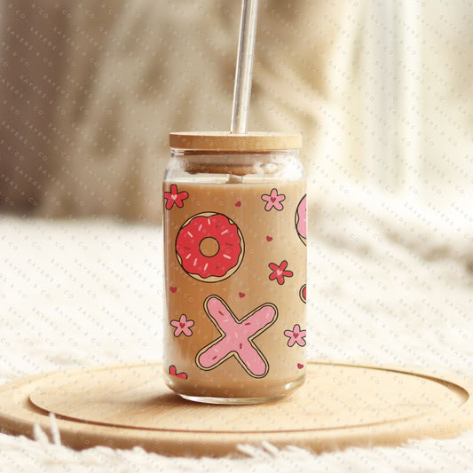 16oz Valentine's Day Xs and Os Donut Glass Cup with Bamboo Lid & Straw